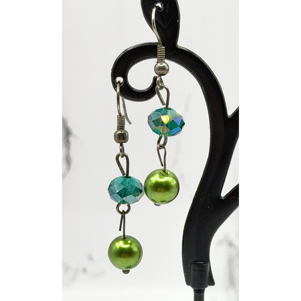 Green Glass Bead Dangle Earrings Faceted Aqua Beads Silver Tone 1.5" Spring